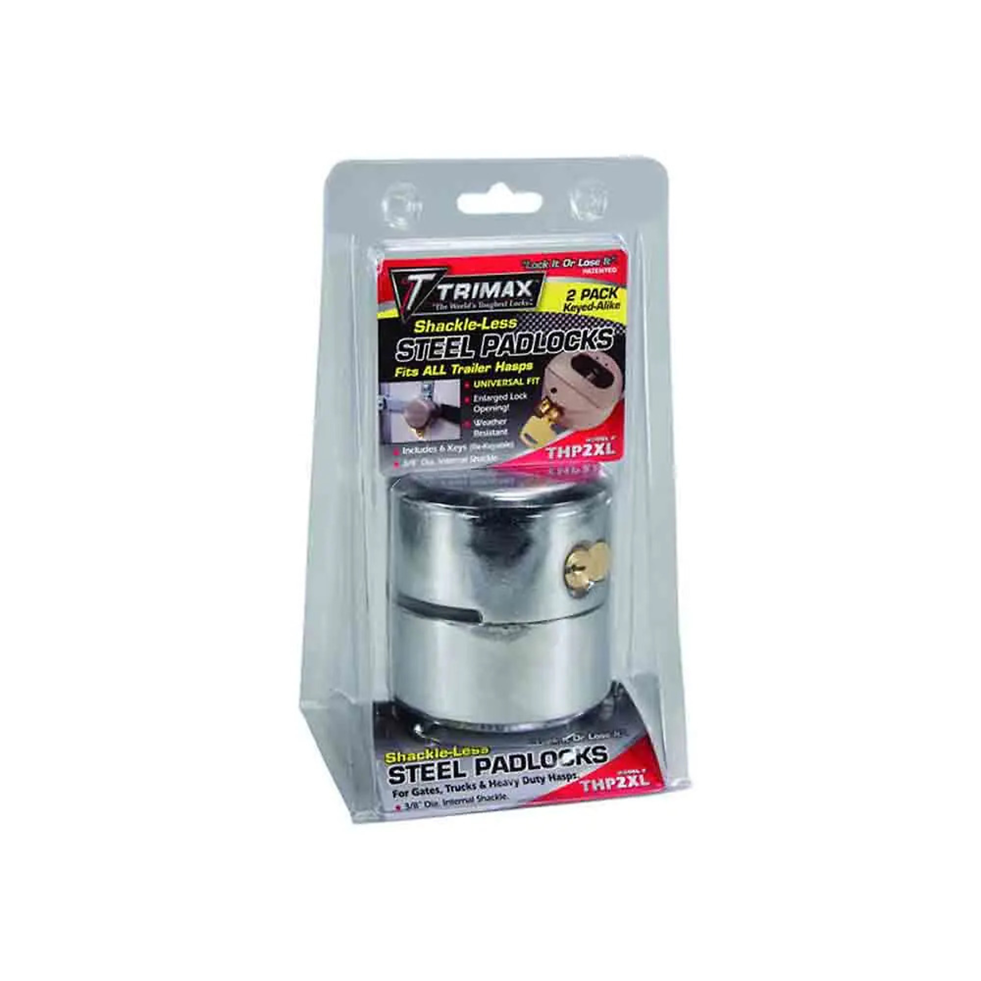 Trimax Hockey Puck Hasp Lock — 2-Pack, 3/8in. Shackle, Keyed Alike, Model# THP2XL